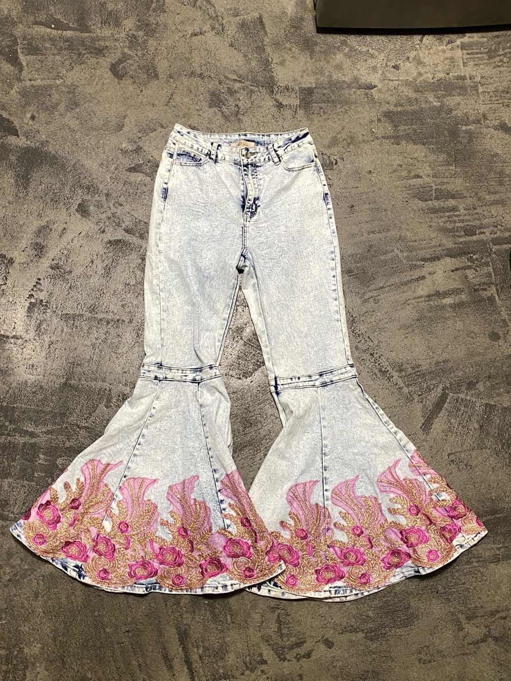 Light Wash Bell Bottom Jeans with Pink Floral Embroidery